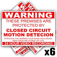 6 x EXTERNAL-Premises Protected by MOTION DETECTION Closed Circuit CCTV Stickers-Red on White-130mm x 87mm-Worded-Video Recording Camera Security Warning Signs-Self Adhesive Vinyl